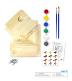 Contents included: pre-cut wood pieces, nails, rope hanger, 6 acrylic paints, 2 paint brushes, stickers, and easy-to-follow instructions