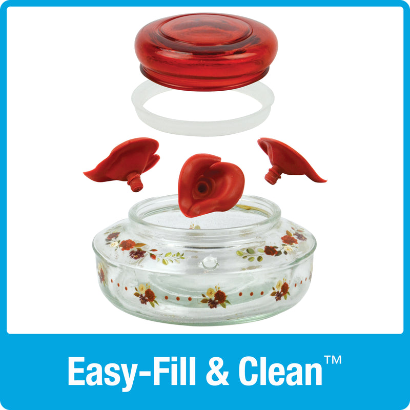 Load image into Gallery viewer, Decorative Glass Top-Fill Hummingbird Feeder - Crimson Corsage (Model# DTHF1)
