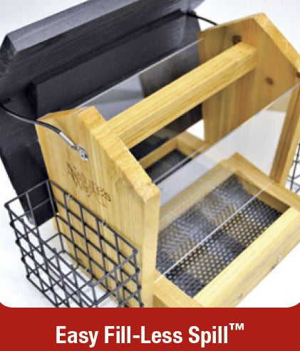 Easy fill-less spill design with no tools required on Nature's Way 4 QT Hopper cedar bird Feeder with two Suet Cages
