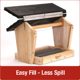 Easy fill-less spill design with no tools required on Nature's Way 6 QT Hopper cedar bird Feeder with two Suet Cages