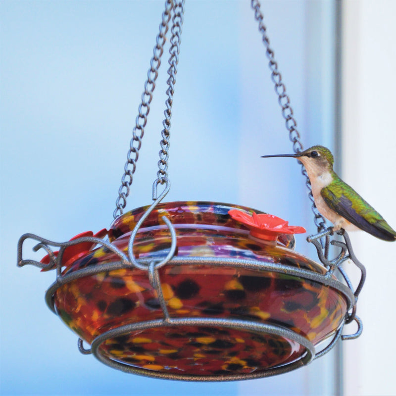 Load image into Gallery viewer, Hummingbird sitting on garden perch on Nature&#39;s Way red, yellow and black speckled hand blown glass garden hummingbird feeder
