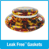 Close up of leak free gaskets on glass lid and feeding ports on the Nature's Way red, yellow and black speckled hand blown glass garden hummingbird feeder