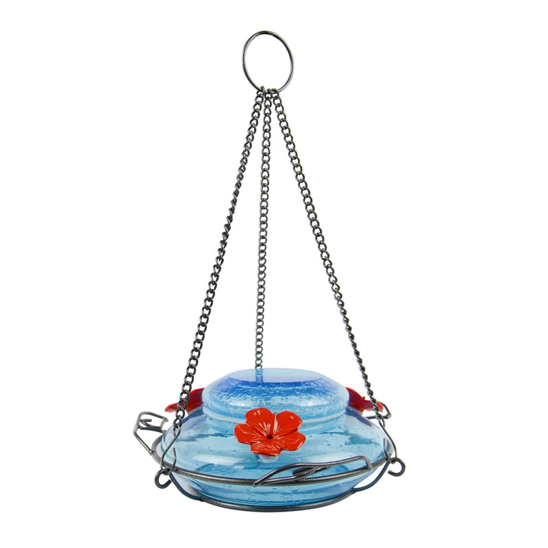 Load image into Gallery viewer, Nature&#39;s Way hand blown glass garden hummingbird feeder in mason jar blue with three red flower feeding ports and 3 decorative leaf perches on white background

