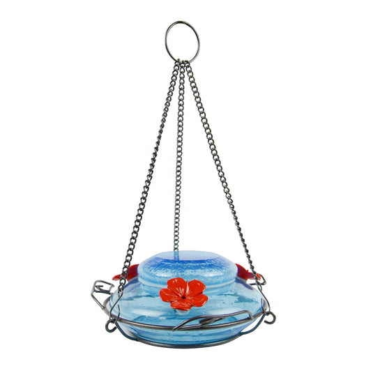 Nature's Way hand blown glass garden hummingbird feeder in mason jar blue with three red flower feeding ports and 3 decorative leaf perches on white background