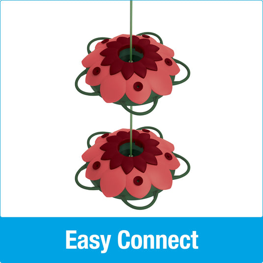 easy connect design allows for multiple feeders to be connected from top to bottom. two Nature's Way So Real Mini 3D Hummingbird Feeders hanging from one another on white background