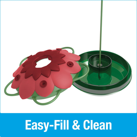domed flower lid lifts open for easy filling and cleaning on Nature's Way So Real Mini 3D Hummingbird Feeder