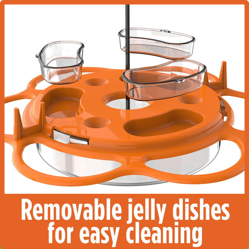 Load image into Gallery viewer, three feeding dishes popped out of lid demonstrating easy cleaning capability on the Nature&#39;s Way All-In-One Oriole Buffet

