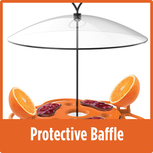clear protective baffle included on the Nature's Way All-In-One Oriole Buffet