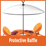 clear protective baffle included on the Nature's Way All-In-One Oriole Buffet