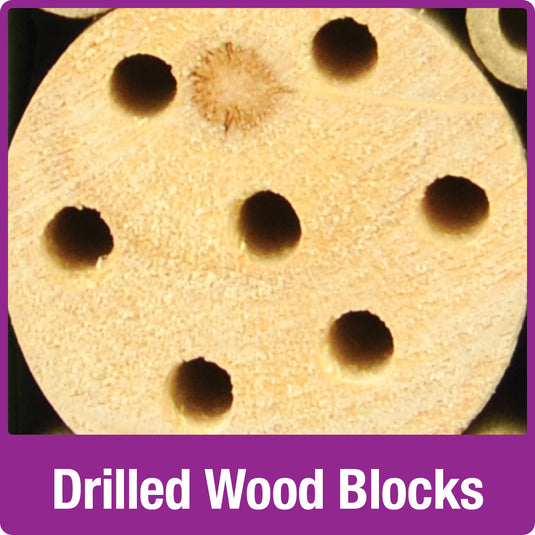 drilled wood blocks on the Better Gardens Pollinator Tower
