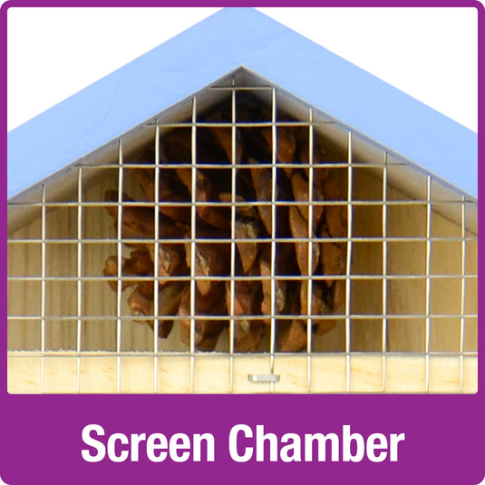 screen chamber with pinecones inside on the Better Gardens Multi-Chamber Beneficial Insect House
