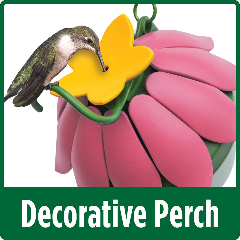 Load image into Gallery viewer, Close up of decorative garden perch on the Nature&#39;s Way So Real Single Flower Hummingbird Feeder - Pink
