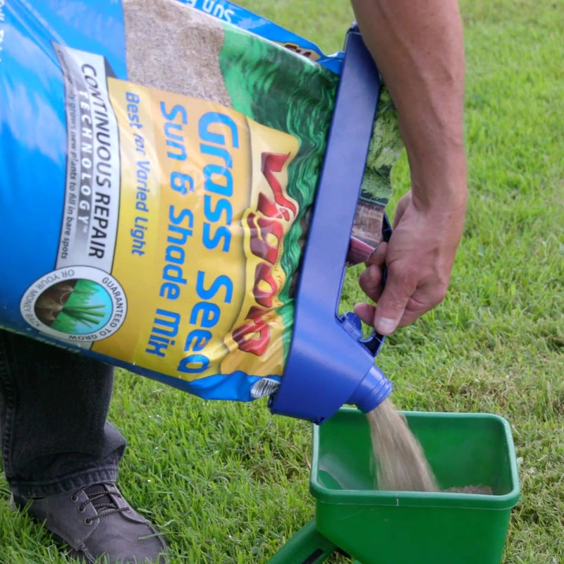 Load image into Gallery viewer, handle-it bag clip on fertilizer bag being poured into spreader
