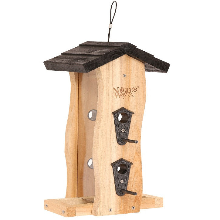 Load image into Gallery viewer, Nature&#39;s Way Vertical Wave cedar bird Feeder with two feeding ports and two feeding trays
