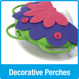 three green decorative perches on the So Real Window Hummingbird Feeder - Purple Fuchsia