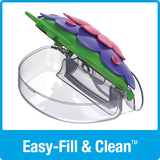 domed flower lid lifts open for easy filling and cleaning without removing suction cups on So Real Window Hummingbird Feeder - Purple Fuchsia