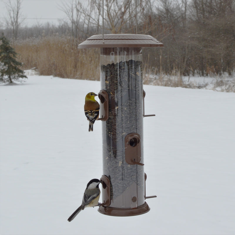 Load image into Gallery viewer, two birds feeding from the Wide Deluxe Funnel Flip-Top Tube Feeder (Model# WMFFB-19) in winter

