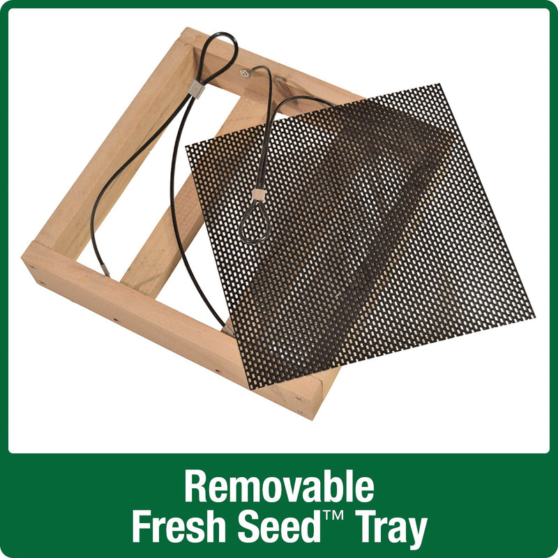 Load image into Gallery viewer, Demonstration of removable fresh seed tray on Nature&#39;s Way Wild Wings Hanging Platform cedar bird Feeder
