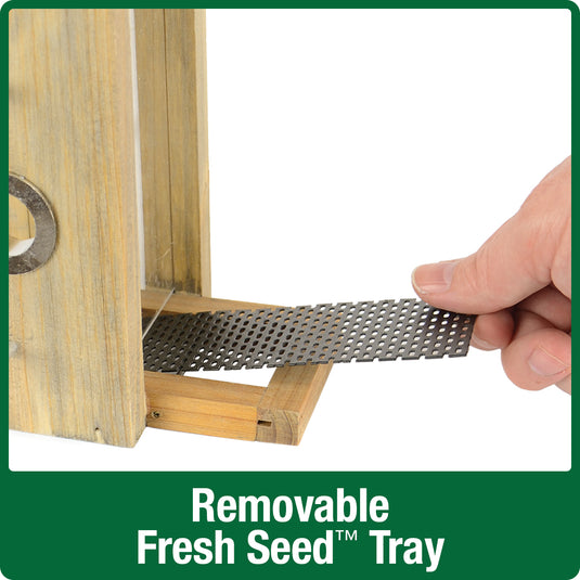 Demonstration of removable fresh seed tray on Nature's Way Wild Wingsdecorative weathered vertical feeder