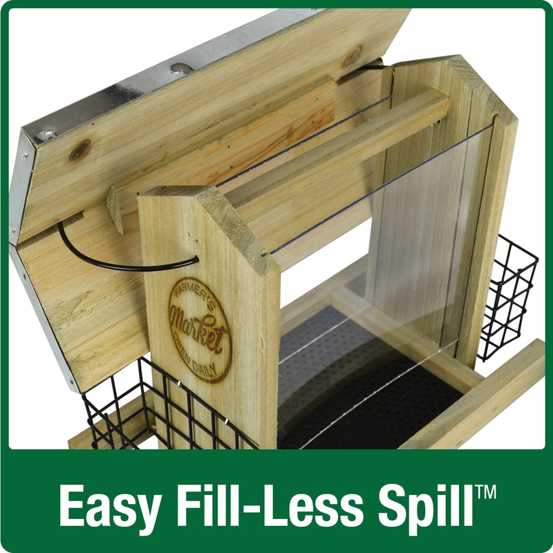 Load image into Gallery viewer, Demonstration of easy fill-less spill roof with no tools required on Nature&#39;s Way Wild Wings Galvanized Weathered Hopper Bird Feeder
