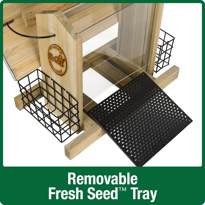 Load image into Gallery viewer, Demonstration of removable fresh seed tray on Nature&#39;s Way Wild Wings Galvanized Weathered Hopper Bird Feeder with two suet cages
