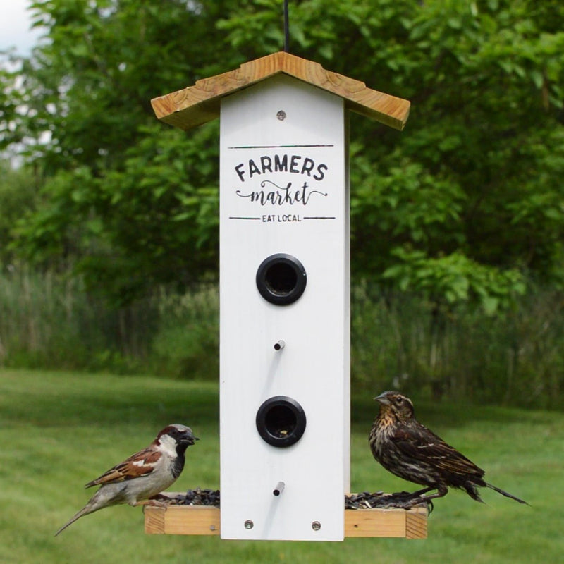 Load image into Gallery viewer, Multiple birds feeding from Nature&#39;s Way Wild Wings Farmhouse Vertical cedar bird Feeder
