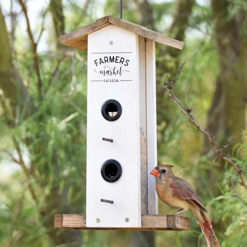 Load image into Gallery viewer, cardinal feeding from Nature&#39;s Way Wild Wings Farmhouse Vertical cedar bird Feeder
