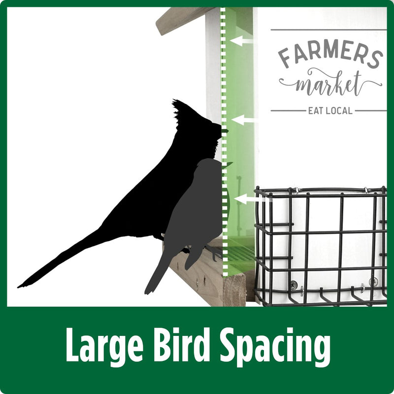 Load image into Gallery viewer, Demonstration of large bird spacing for Nature&#39;s Way Wild Wings Farmhouse Hopper Bird Feeder
