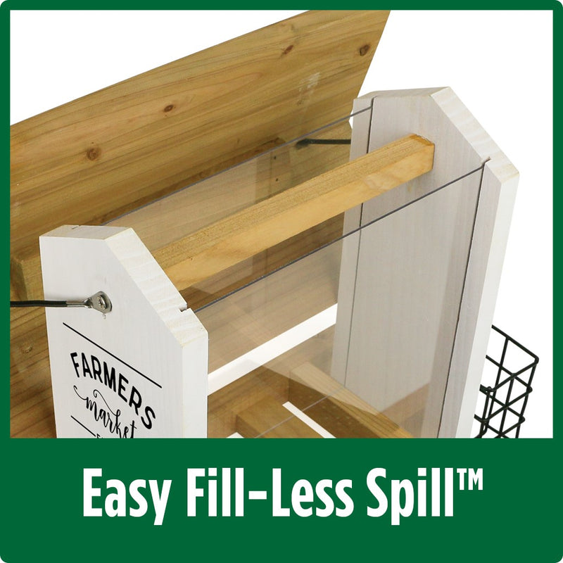 Load image into Gallery viewer, Demonstration of easy fill-less spill roof with no tools required on Nature&#39;s Way Wild Wings Farmhouse Hopper Bird Feeder
