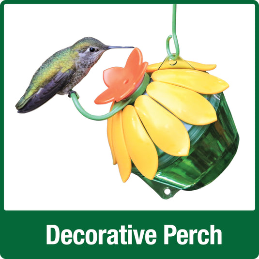 Close up of decorative garden perch on the Wild Wings So Real Single Flower Hummingbird Feeder 2-Pack - Red/Yellow