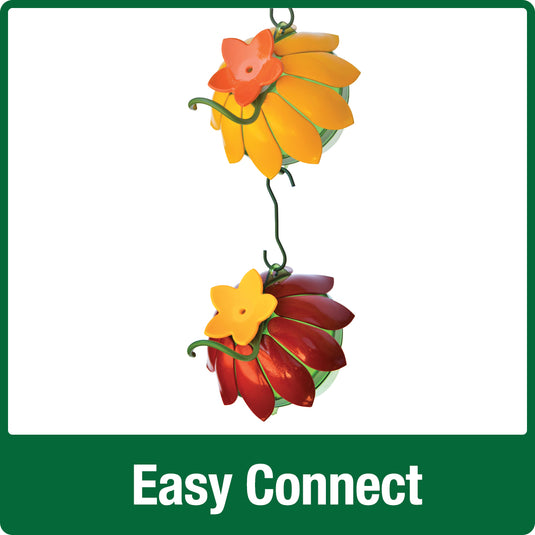 easy connect design allows for multiple feeders to be connected from top to bottom. red feeder hanging from yellow feeder