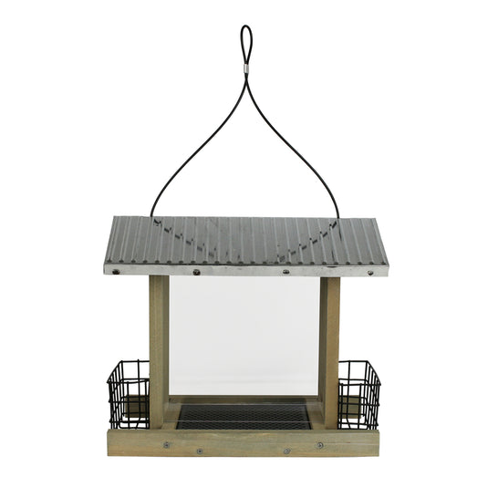 Side view of Nature's Way Wild Wings Galvanized Weathered Hopper Bird Feeder with two suet cages