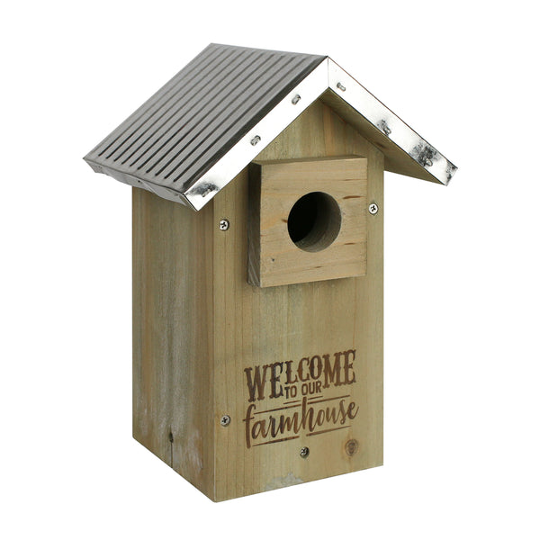 angled side view of Wild wings Galvanized Weathered Bluebird House