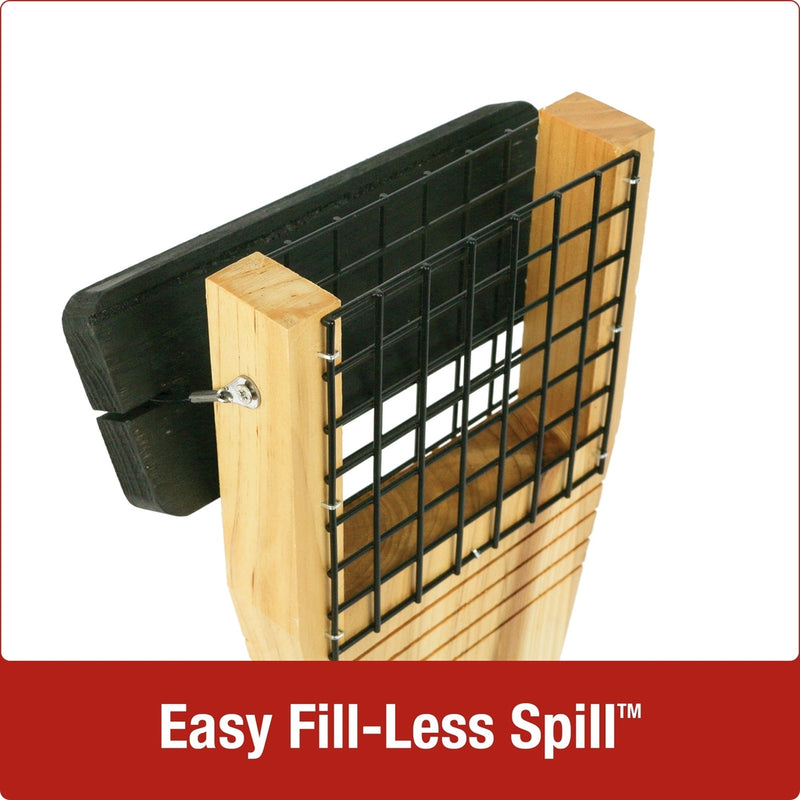 Load image into Gallery viewer, Demonstration of easy fill-less spill roof with no tools required on Nature&#39;s Way Tail-prop cedar Suet bird Feeder

