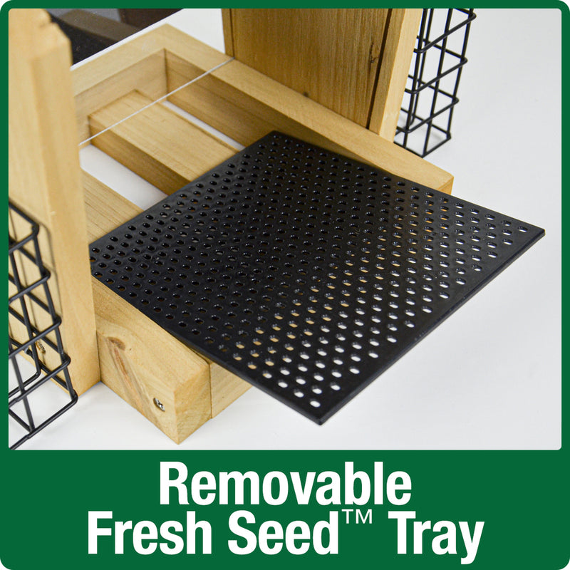 Load image into Gallery viewer, Demonstration of removable fresh seed tray on Nature&#39;s Way 3 QT Hopper cedar bird Feeder with two Suet Cages

