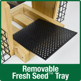 Demonstration of removable fresh seed tray on Nature's Way 3 QT Hopper cedar bird Feeder with two Suet Cages