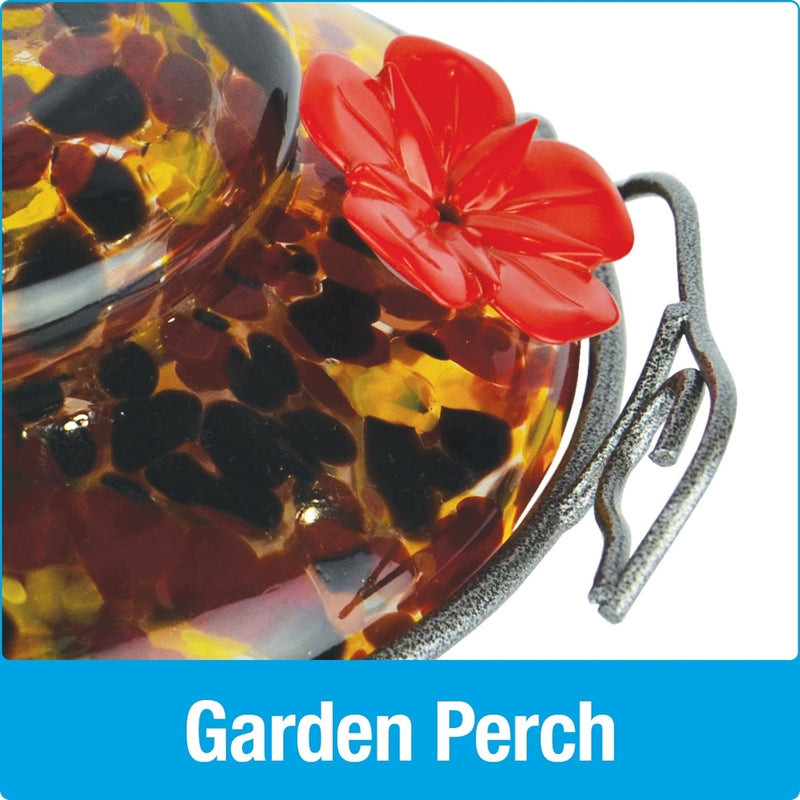 Load image into Gallery viewer, Close up of decorative garden perch on the Nature&#39;s Way hand blown glass garden hummingbird feeder
