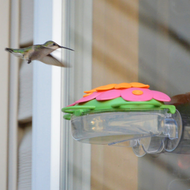 Load image into Gallery viewer, hummingbird approaching the Nature&#39;s Way So Real Window Hummingbird Feeder - in orange and Honeysuckle colors
