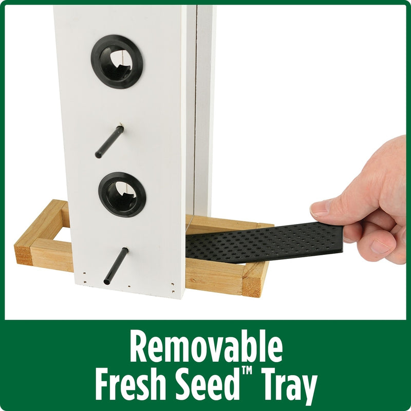 Load image into Gallery viewer, Demonstration of removable fresh seed tray on Nature&#39;s Way Wild Wings Farmhouse Vertical cedar bird Feeder
