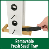 Demonstration of removable fresh seed tray on Nature's Way Wild Wings Farmhouse Vertical cedar bird Feeder