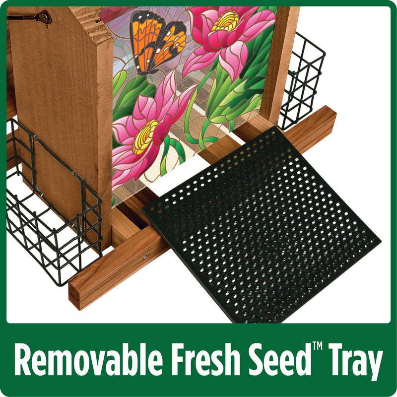 Load image into Gallery viewer, removable fresh seed tray on the nature&#39;s way stained glass hopper feeder
