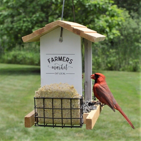 Cardinal feeding from Nature's Way Wild Wings Farmhouse Hopper Bird Feeder